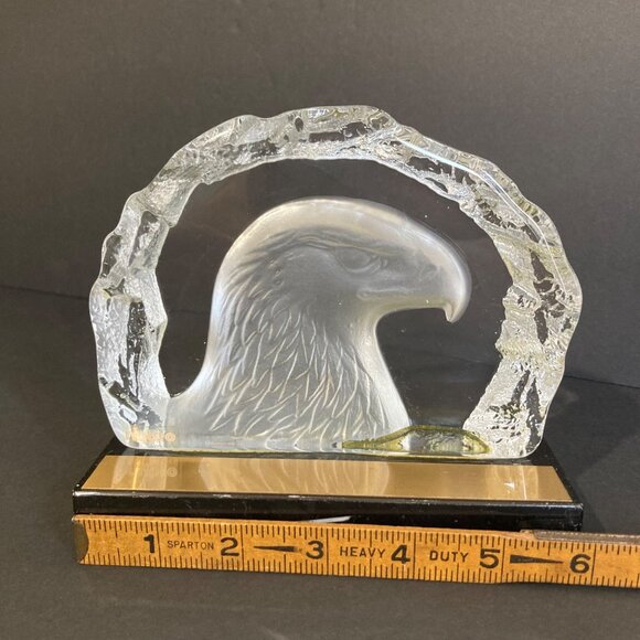 Vintage NYBRO Art Glass Crystal EAGLE Paperweight On Marble With Brass Plaque - Picture 5 of 6